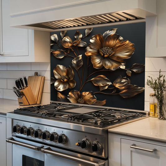Golden Flower Tempered Glass Kitchen Backsplash: Artistic Flair