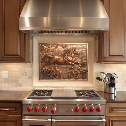 Horse design kitchen backsplash, heat-resistant copper effect wall protector, easy clean tempered glass, rustic Western decor, stove protector, horse kitchen art, kitchen wall protector