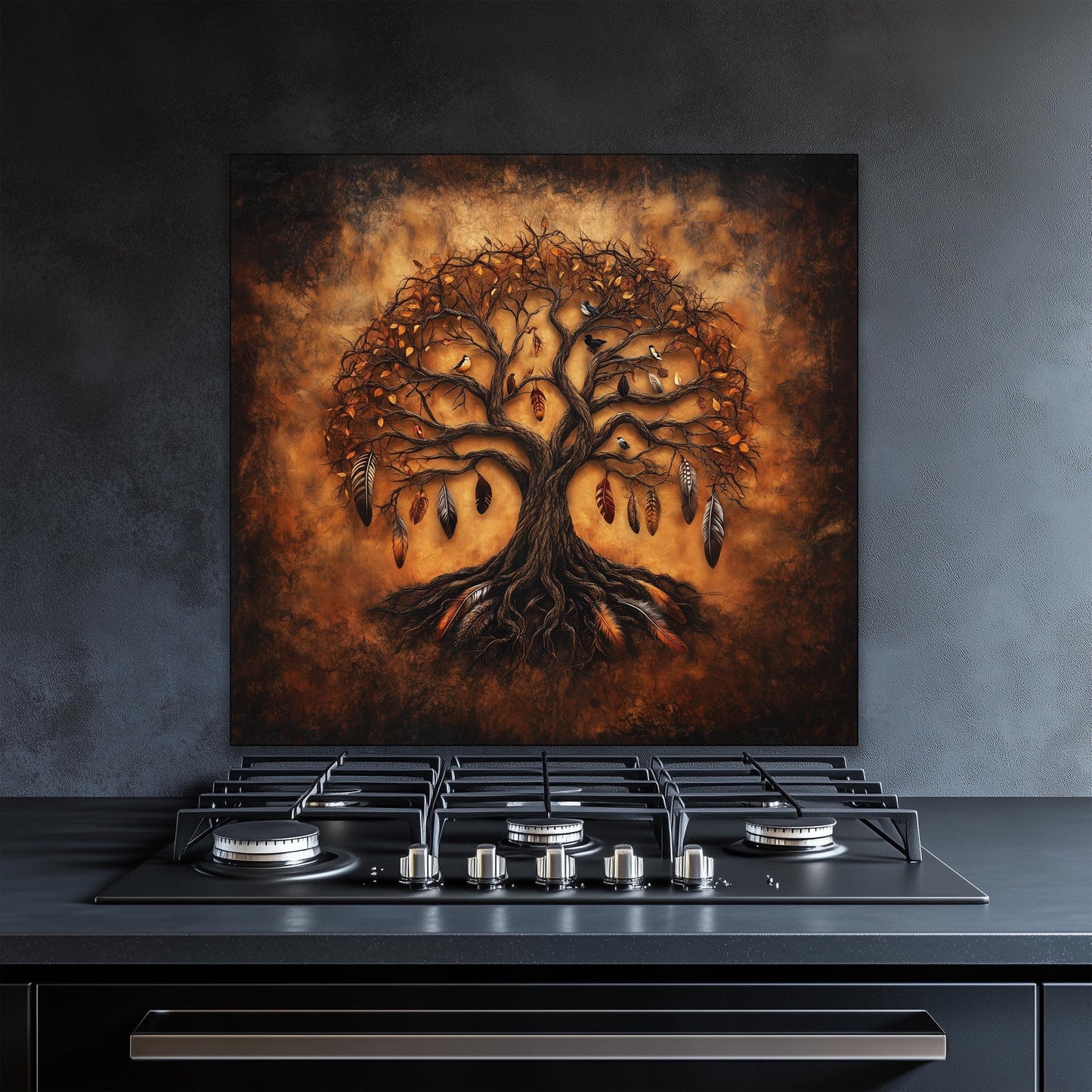 Tempered glass stove backsplash, bohemian tree of life design, heat-resistant splashback, easy clean wall protector, modern kitchen decor, artistic wall art, unique backsplash, feather accents