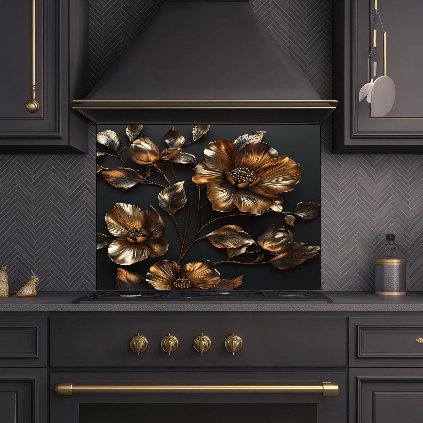 Golden Flower Tempered Glass Kitchen Backsplash: Artistic Flair