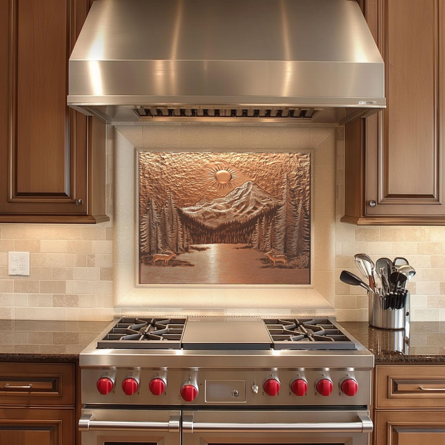 Rustic copper kitchen backsplash, mountain landscape design, heat-resistant tempered glass, easy clean wall protector, nature-inspired kitchen art, stove backsplash, rustic kitchen decor