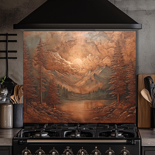 Tempered Glass Mountain Lake Backsplash: Copper-Look Rustic Kitchen Decor