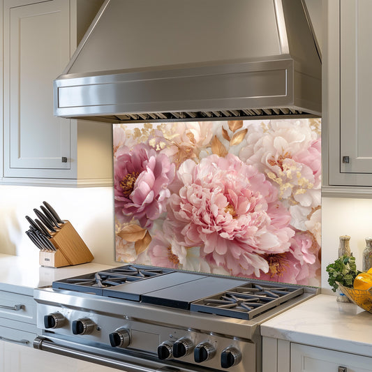 Pink Peony Tempered Glass Kitchen Backsplash: Gold Accent Floral Stove Panel