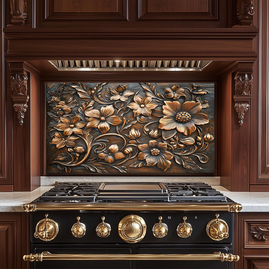 Ornate Floral Tempered Glass Backsplash: Rustic Kitchen Decor