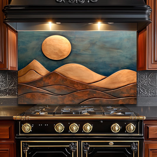 Copper-Effect Mountain Tempered Glass Backsplash: Rustic Kitchen Decor