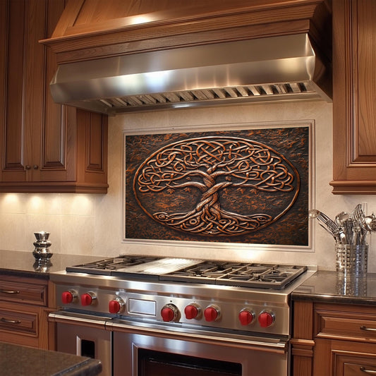 Tree of Life Tempered Glass Backsplash: Copper Embossed Kitchen Wall Art