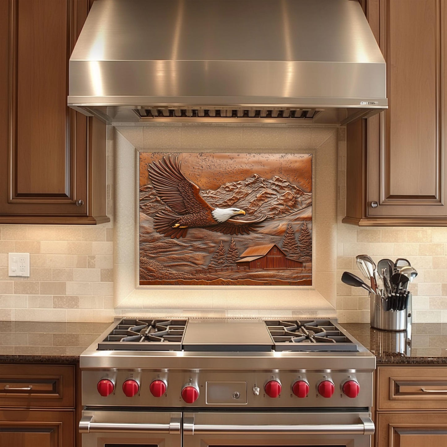 Majestic eagle copper backsplash, heat-resistant tempered glass, easy clean kitchen wall protector, farmhouse kitchen decor, rustic backsplash