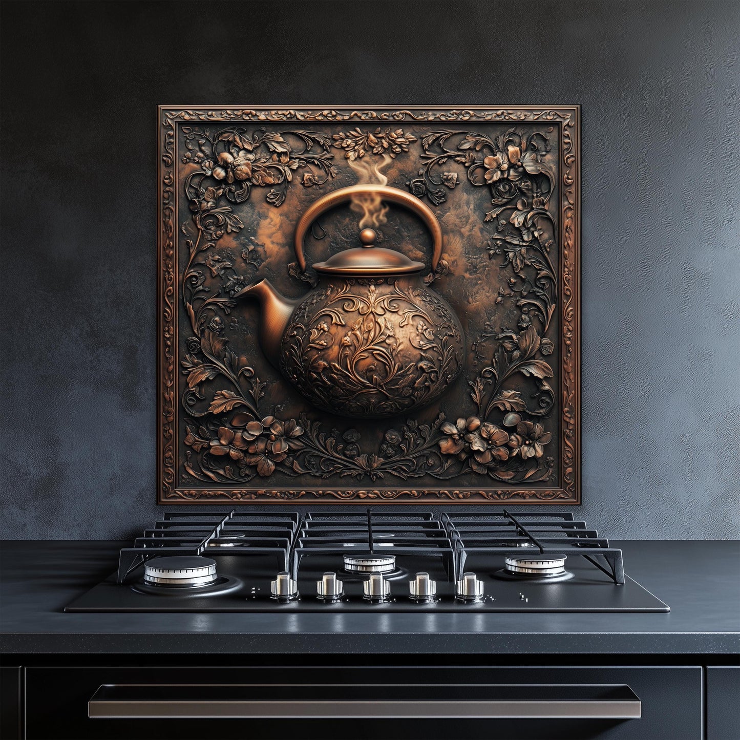 Tempered glass backsplash, rustic teapot kitchen art