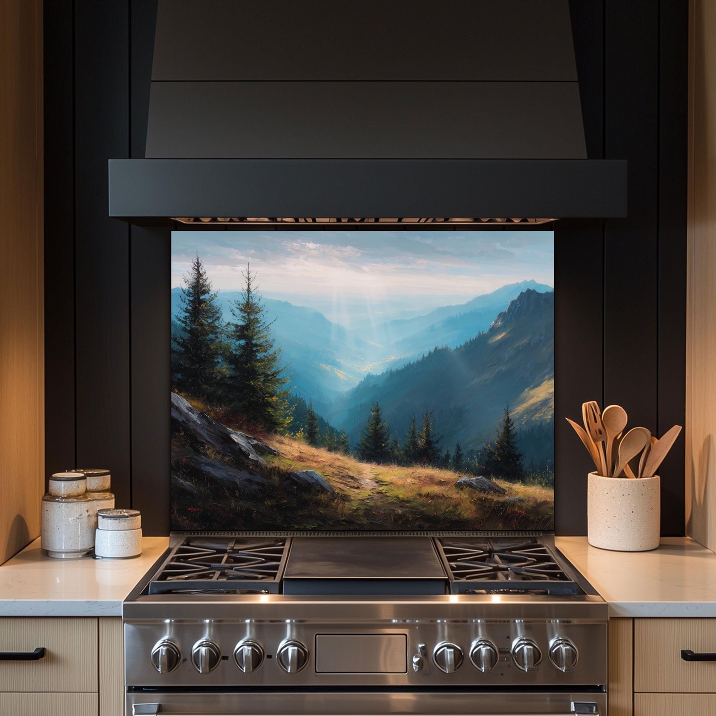 Misty Mountain Tempered Glass Backsplash: Heat-Resistant Stove Panel
