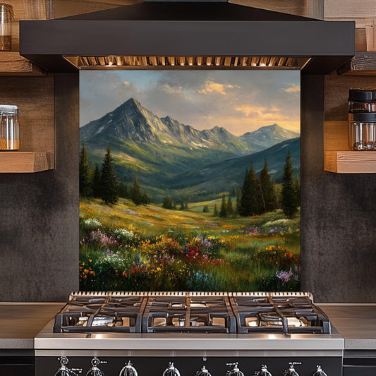 Mountain Meadow Kitchen Backsplash, Wildflower Landscape Tempered Glass, Custom Size Design