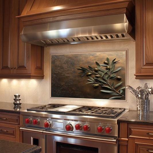 Tempered glass kitchen backsplash with an elegant olive branch design. Heat-resistant, easy-to-clean wall protector ideal for farmhouse and Mediterranean-inspired kitchens. Adds a touch of rustic charm behind your stove.