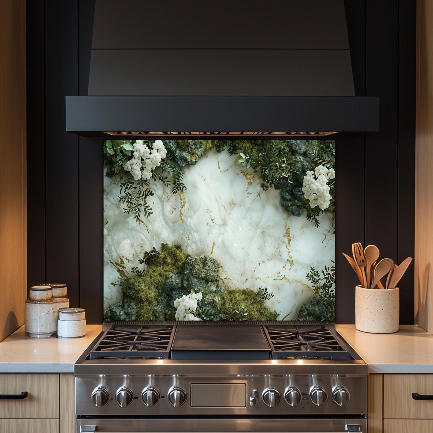 Luxury Marble and Botanical Tempered Glass Backsplash - White Gold Kitchen Splashback