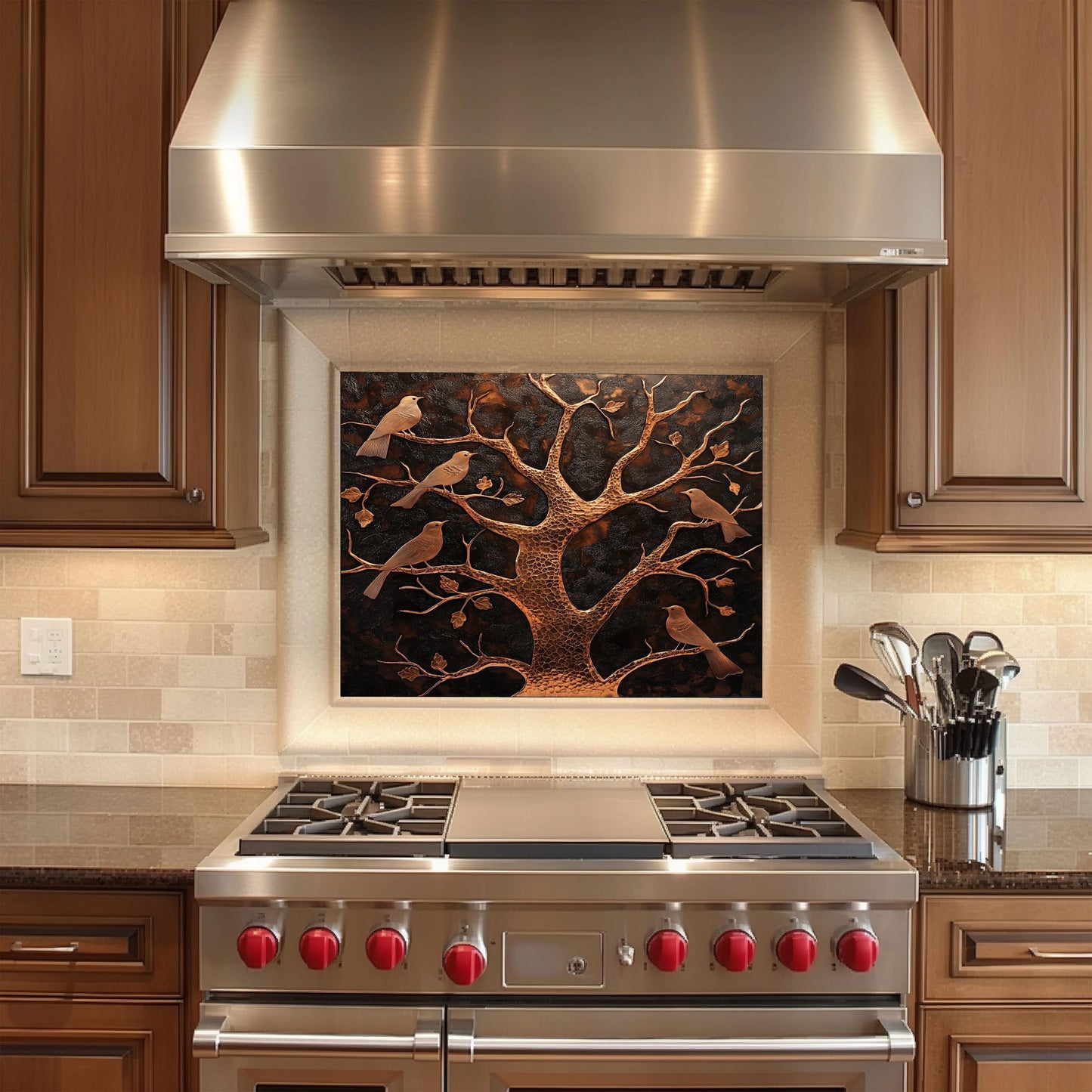 Rustic copper kitchen backsplash, tree and bird design, heat-resistant tempered glass, easy clean wall protector, nature-inspired kitchen art, stove backsplash, rustic kitchen decor