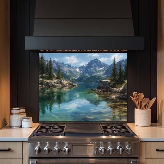 Mountain Lake Reflection Kitchen Backsplash, UV Printed Tempered Glass, Custom Size Design