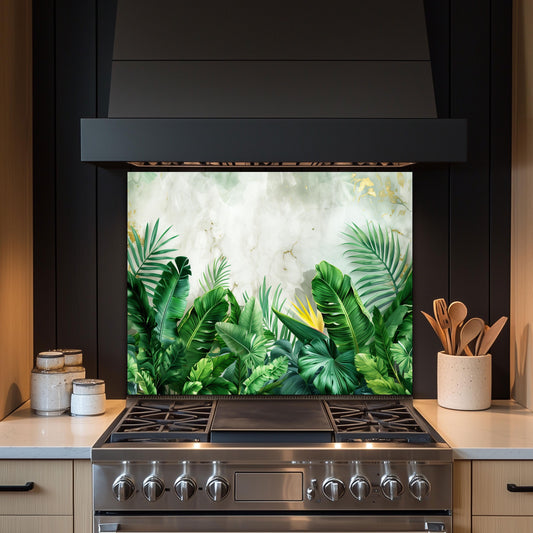 Tropical Banana Leaf Tempered Glass Backsplash: Marble & Gold Kitchen Wall Art