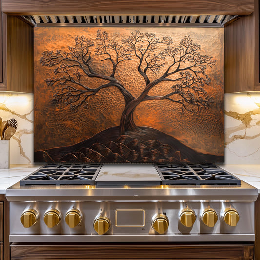 Tree of Life Tempered Glass Kitchen Backsplash: Copper Effect
