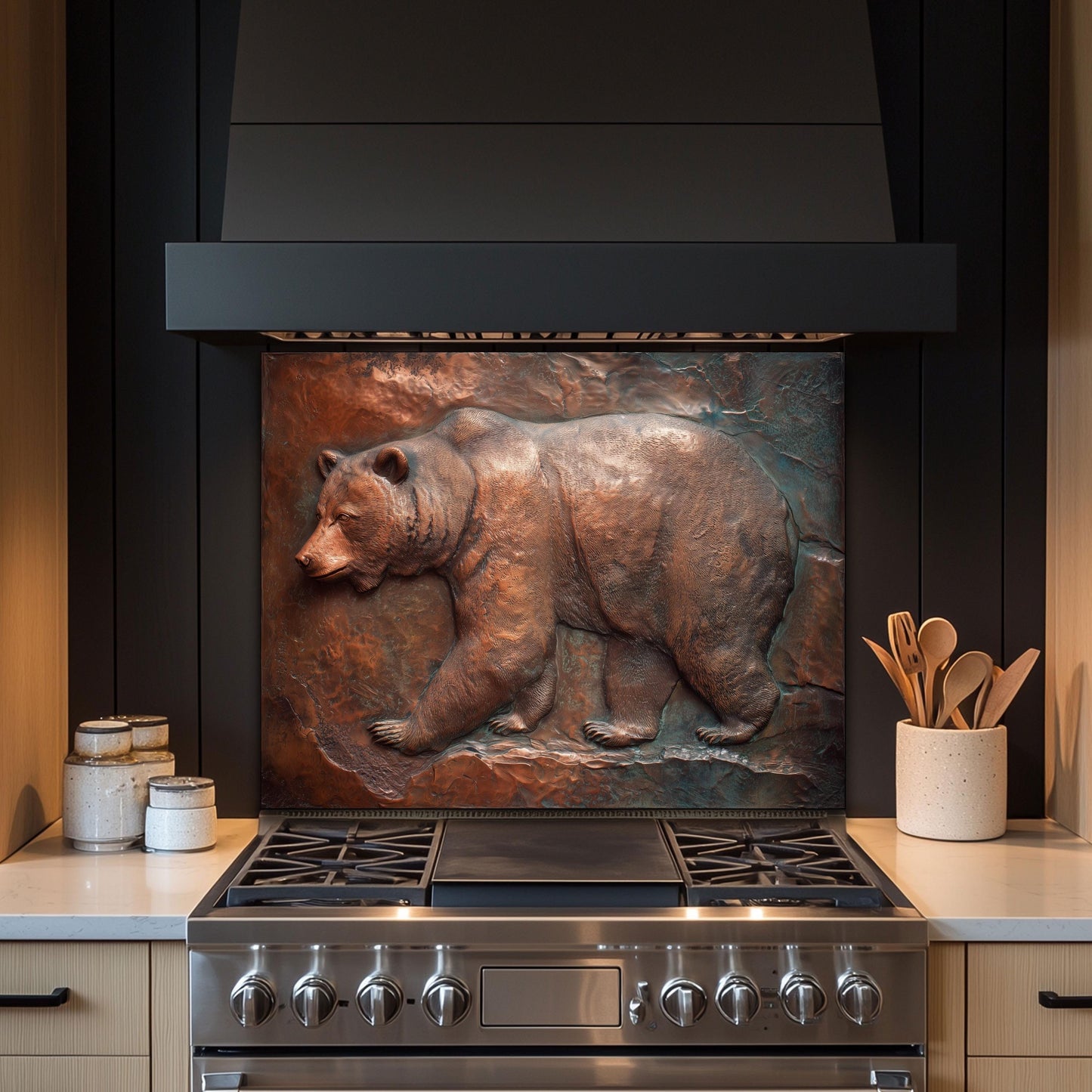Rustic Copper Bear Backsplash: Tempered Glass Lodge Kitchen Decor