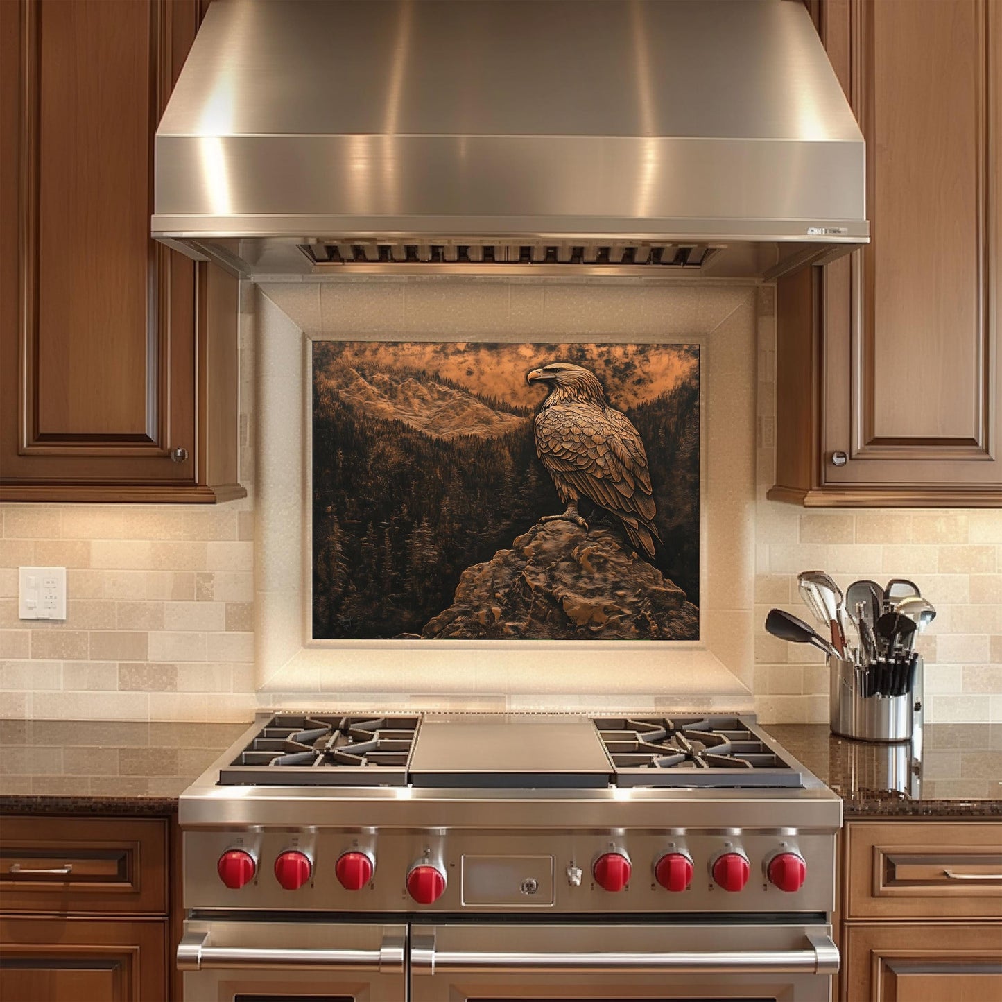 Bald Eagle design backsplash, copper effect mountain design, heat-resistant wall protector, stove backsplash, wildlife decor, easy clean wall protector, American eagle kitchen art