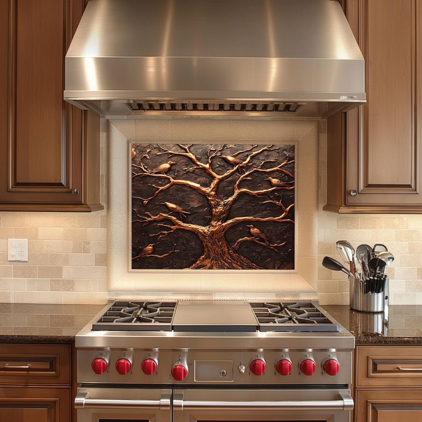 Tree design kitchen backsplash, copper effect kitchen art, heat-resistant tempered glass, easy clean kitchen wall protector, stove protector, rustic kitchen decor, nature-themed wall protector