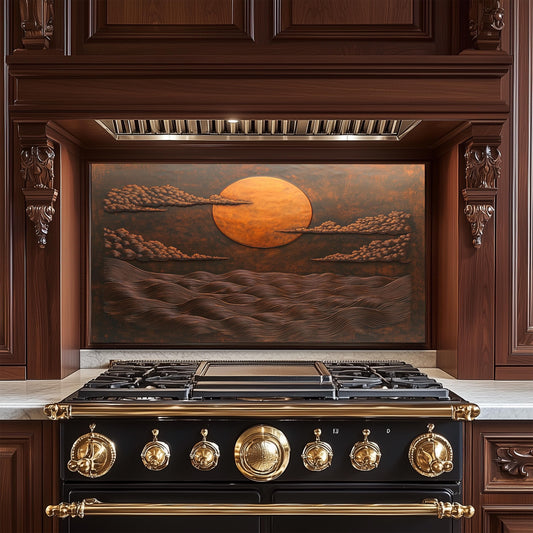 Copper Sunset Ocean Glass Backsplash, Rustic Beach Stove Guard, Heat Resistant Easy Clean Art