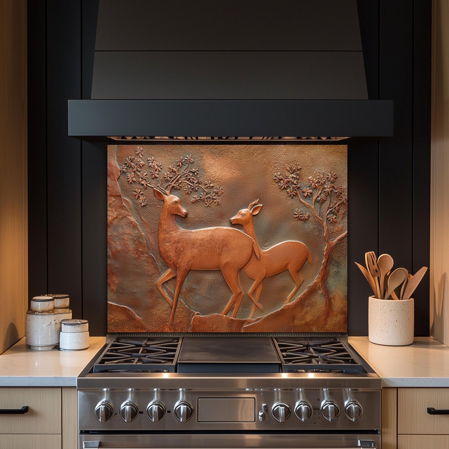 Copper Look Deer Backsplash: Tempered Glass Kitchen Stove Panel