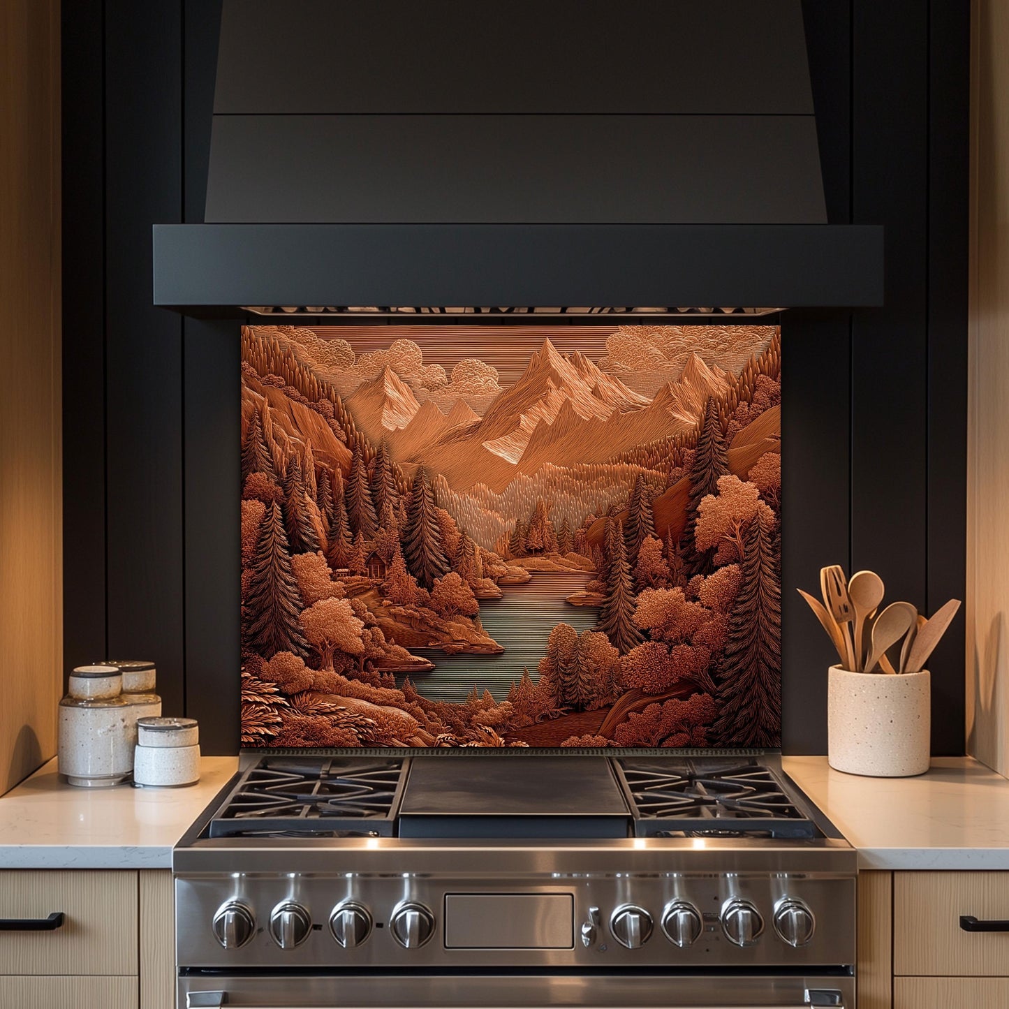 Rustic Sepia Mountain Glass Backsplash: Cabin Kitchen Stove Panel