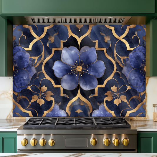 Moroccan Style Glass Backsplash, Blue Floral Stove Guard, Heat Resistant Easy Clean Kitchen Art