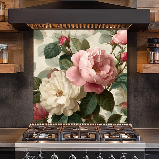 Vintage Floral Rose Kitchen Backsplash - Pink and White Peony Tempered Glass Stove Splashback