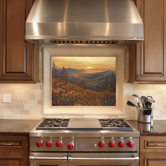 Heat-resistant kitchen wall protector, mountain landscape backsplash, copper effect tempered glass, rustic kitchen decor, easy clean stove backsplash, nature-inspired kitchen art