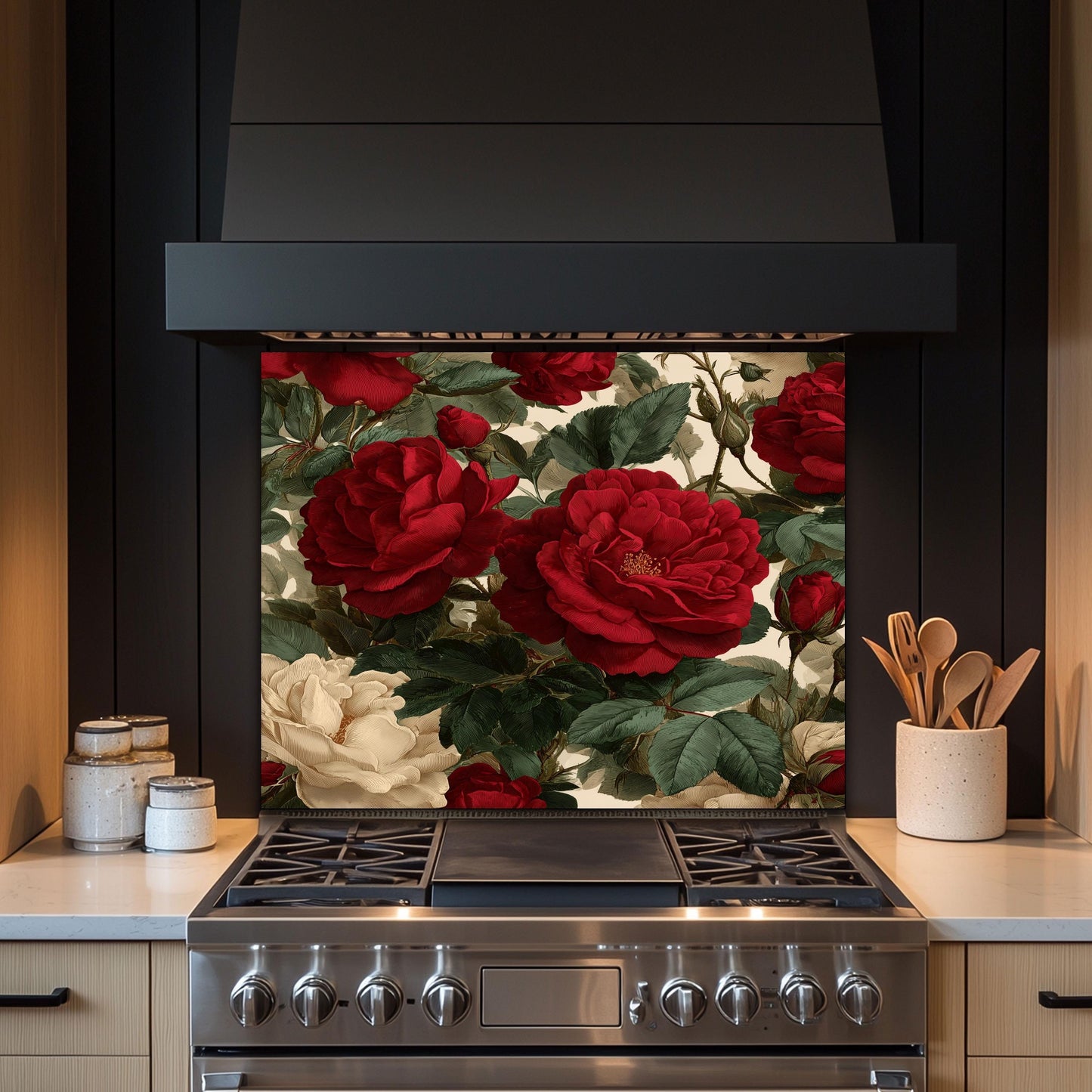 Bold Red Rose Tempered Glass Backsplash - Vintage Botanical Floral Kitchen Splashback