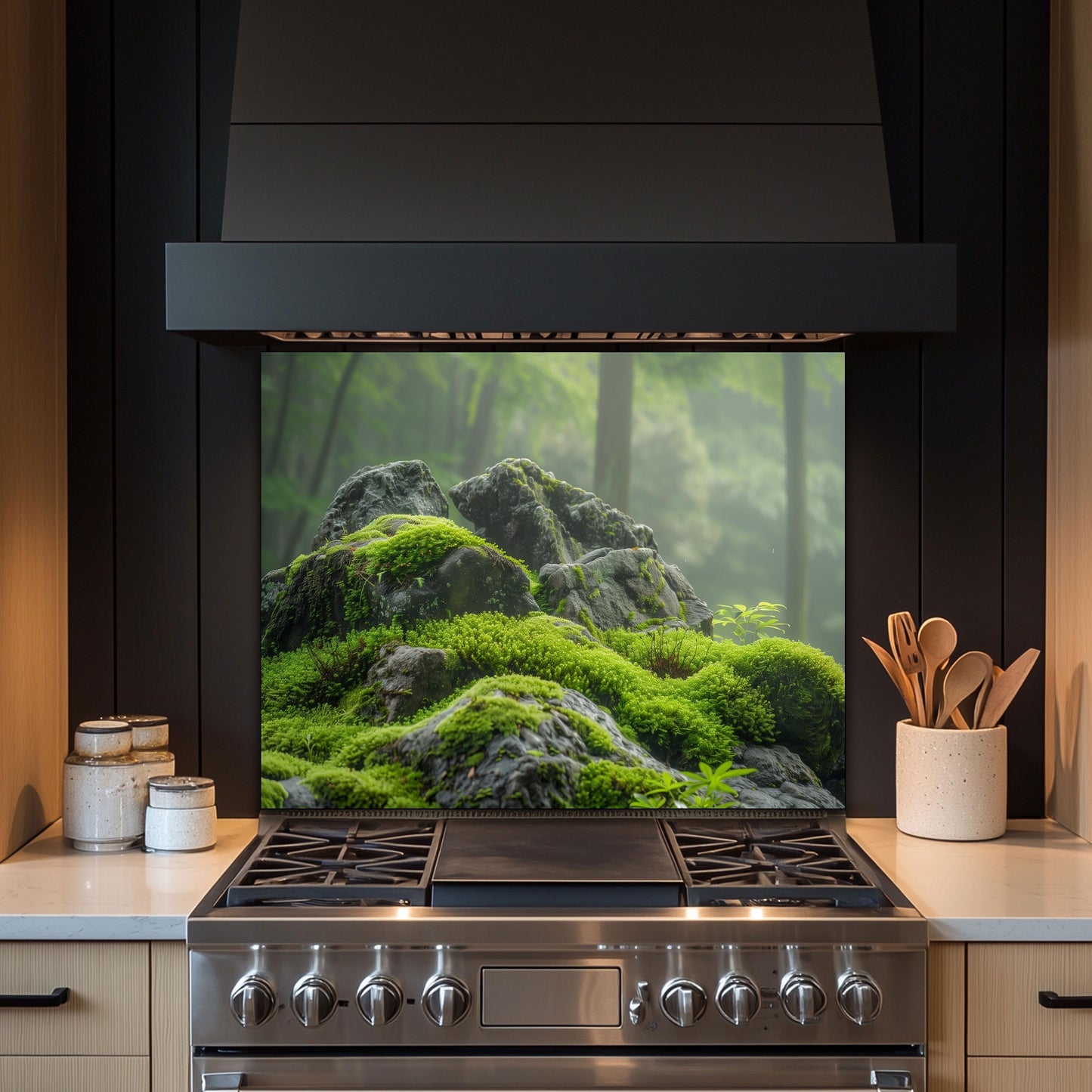 Moss Covered Rock Forest Tempered Glass Backsplash - Nature Inspired Green Kitchen Splashback