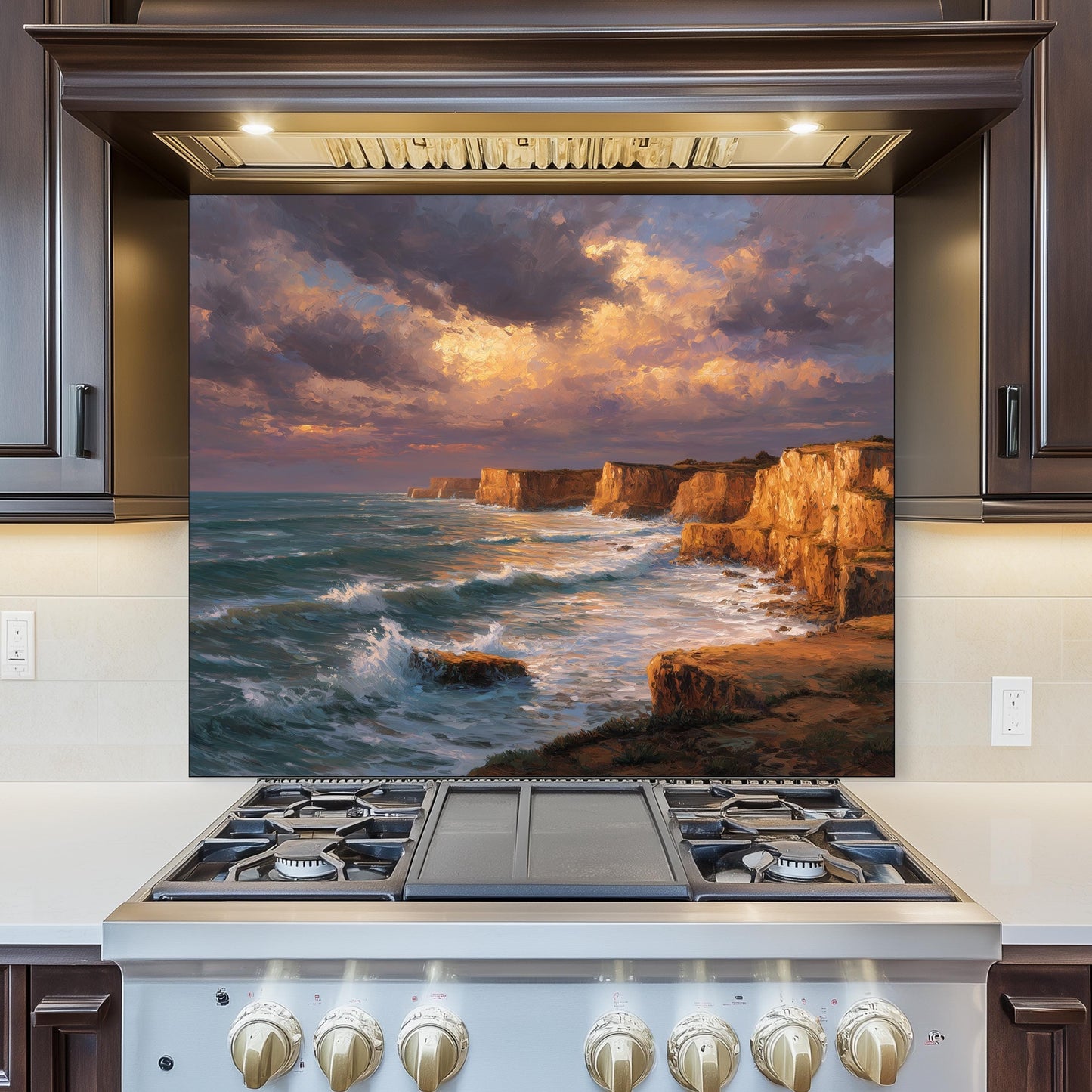 Ocean Cliff Sunset Backsplash - Tempered Glass Kitchen Splashback, Coastal Stove Wall Protector, Seascape Glass Panel for Kitchen