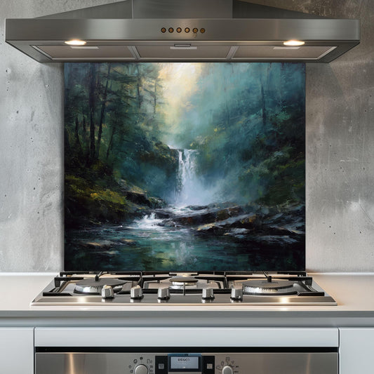 Waterfall Forest Kitchen Backsplash, Nature Landscape Tempered Glass Art, Custom Size Design
