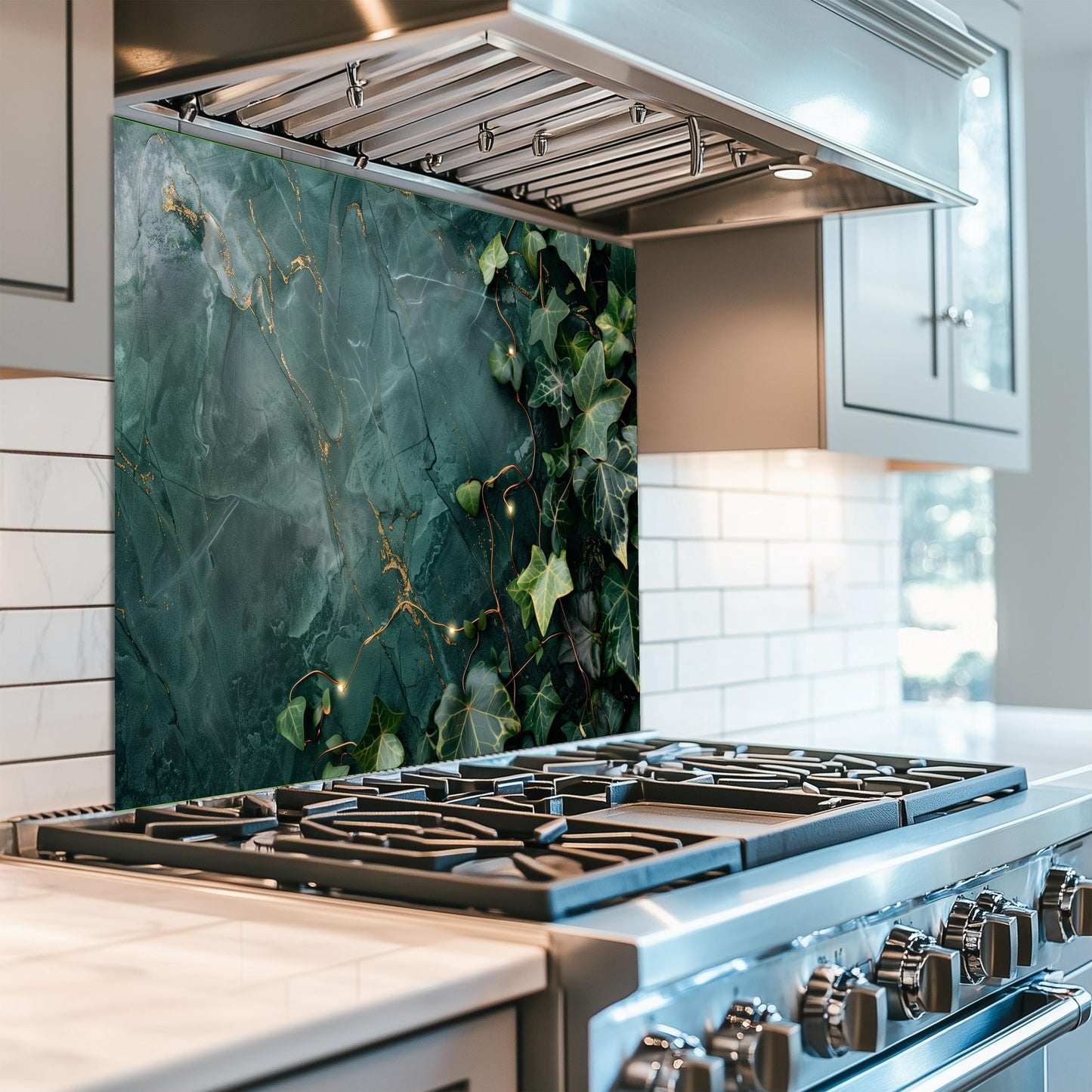 Emerald Green Marble ,Ivy Kitchen Backsplash – Tempered Glass Splashback with Gold Veins , Botanical Design