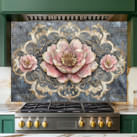 Moroccan Floral Glass Backsplash, Artistic Geometric Stove Guard, Heat Resistant Easy Clean Kitchen Art