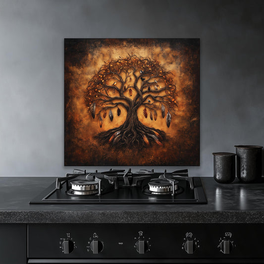 Dark tree of life backsplash, tempered glass panel, boho kitchen wall art, heat-resistant splashback, feather decor, easy clean wall protector, stove splashback, modern kitchen accent, artistic backsplash