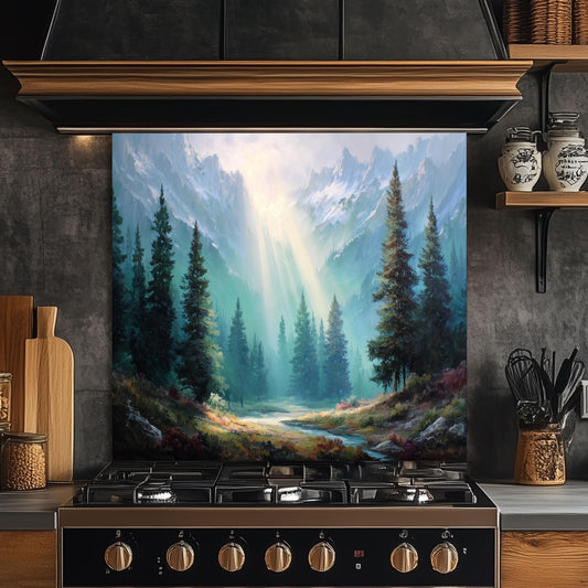 Mountain Sunrise Tempered Glass Backsplash: Rustic Kitchen Wall Art
