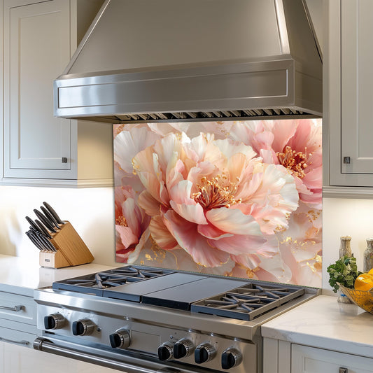 Blush Peony Glass Backsplash, Floral Pink Stove Guard, Heat Resistant Easy Clean Kitchen Art