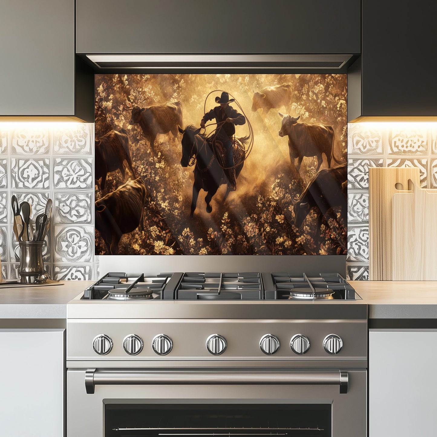 Cowboy Tempered Glass Stove Backsplash: Durable Kitchen Wall Art