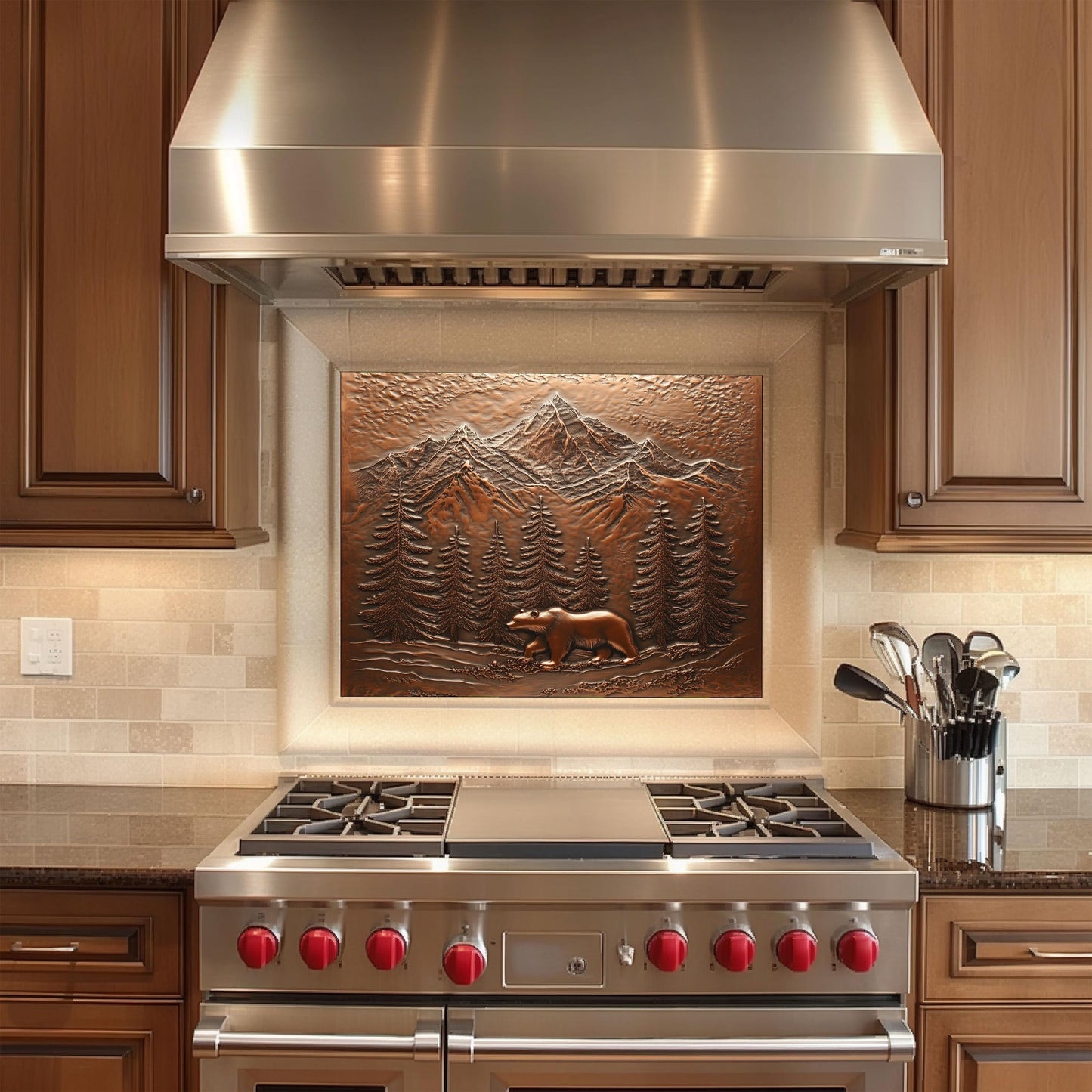 Rustic copper kitchen backsplash, bear and forest design, heat-resistant tempered glass, easy clean wall protector, nature-inspired kitchen art, stove backsplash, rustic kitchen decor