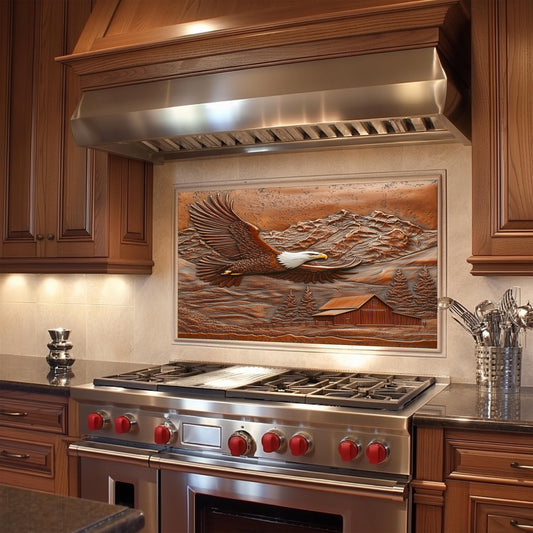 Majestic eagle kitchen backsplash, heat-resistant tempered glass, copper-effect rustic wall protector, farmhouse kitchen wall art, mountain and eagle decor, kitchen wall protector, easy clean backsplash