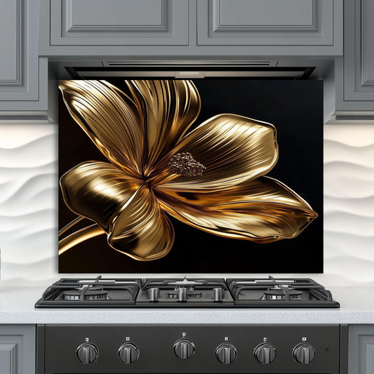 Golden Flower Tempered Glass Kitchen Backsplash: Decorative Wall Art