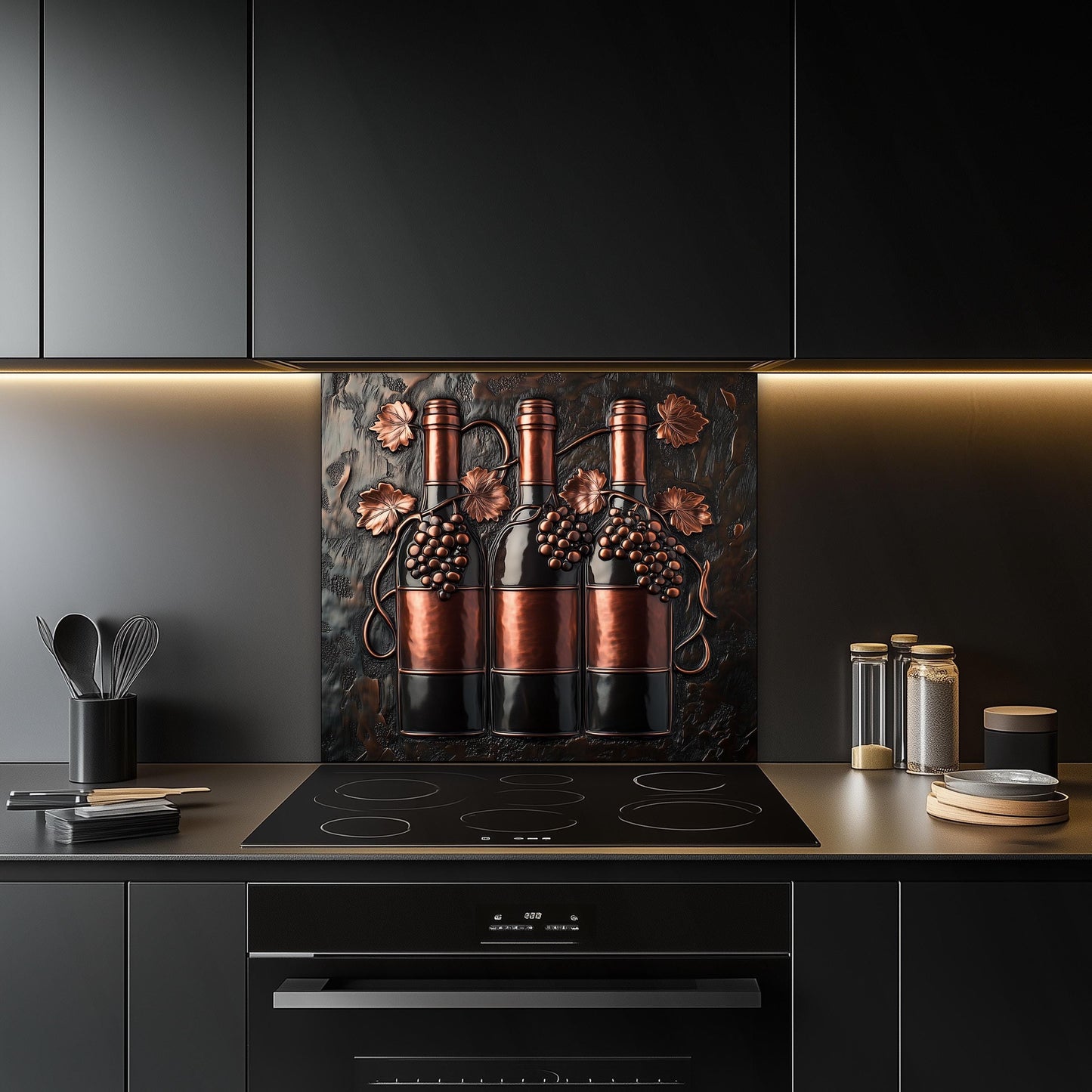 Easy clean kitchen backsplash, wine bottle and grapevine
