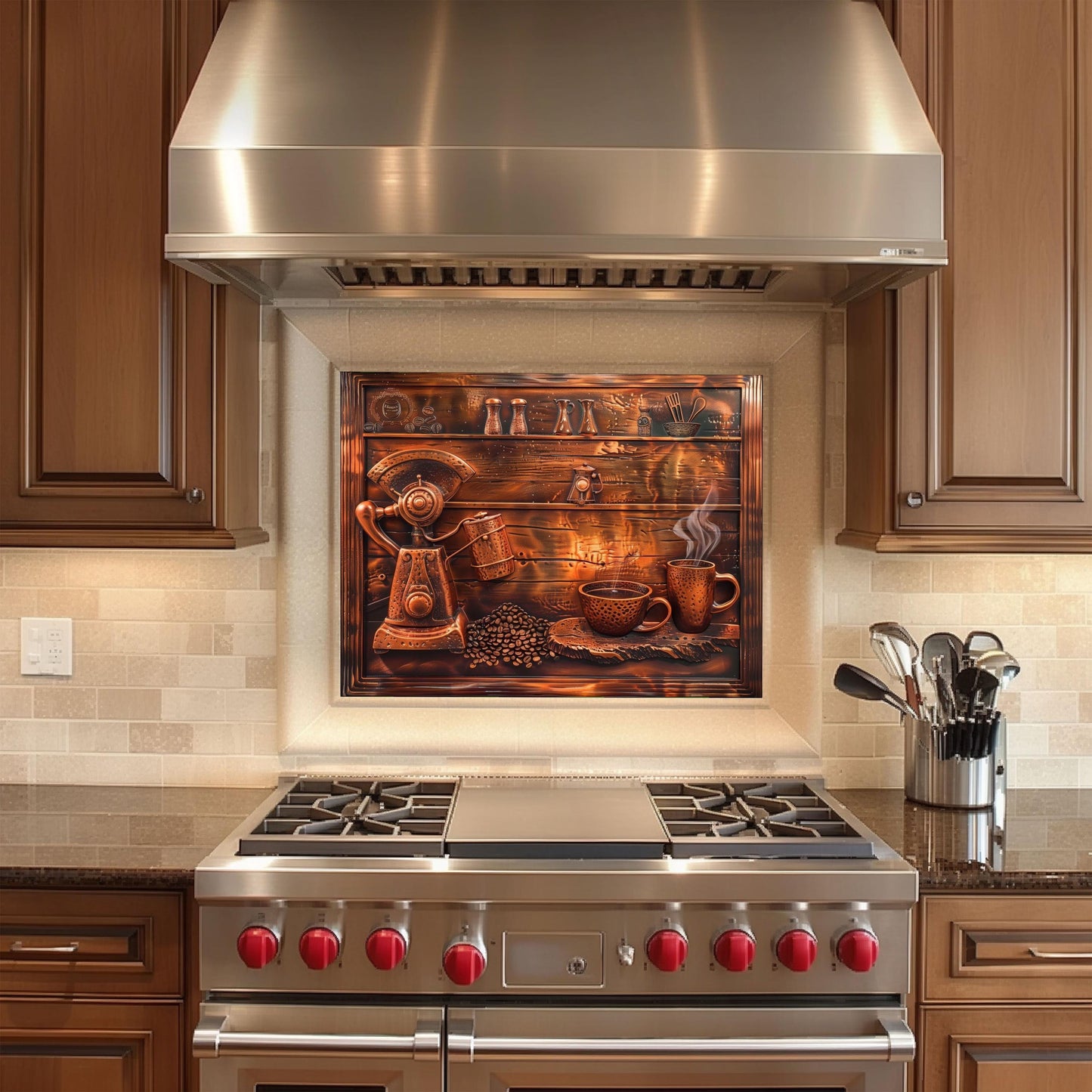 Coffee-themed tempered glass backsplash, copper design, heat-resistant kitchen wall panel, easy clean, stylish kitchen wall protector, artistic backsplash, stove protector, modern kitchen decor