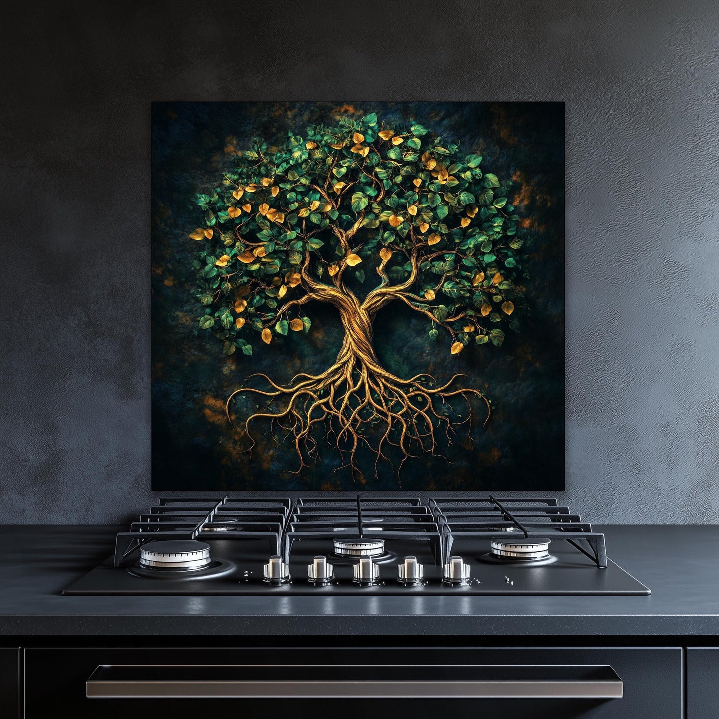 Tempered glass stove backsplash, green tree of life design, heat-resistant splashback, easy clean wall protector, modern kitchen decor, artistic wall art, stylish backsplash, stove guard