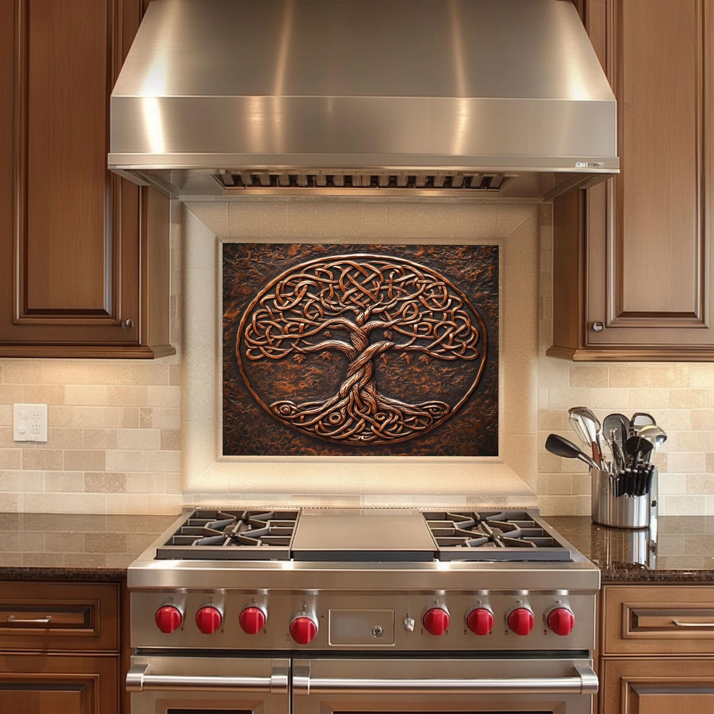 a stove top oven sitting under a metal hood