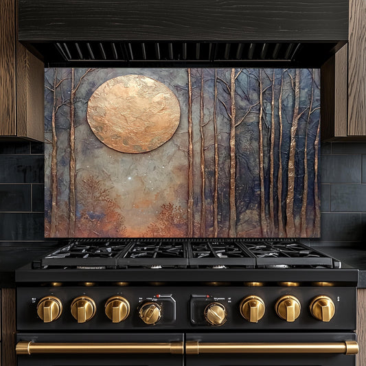 Copper Moon Glass Backsplash, Celestial Crescent Stove Guard, Heat Resistant Easy Clean Kitchen Art