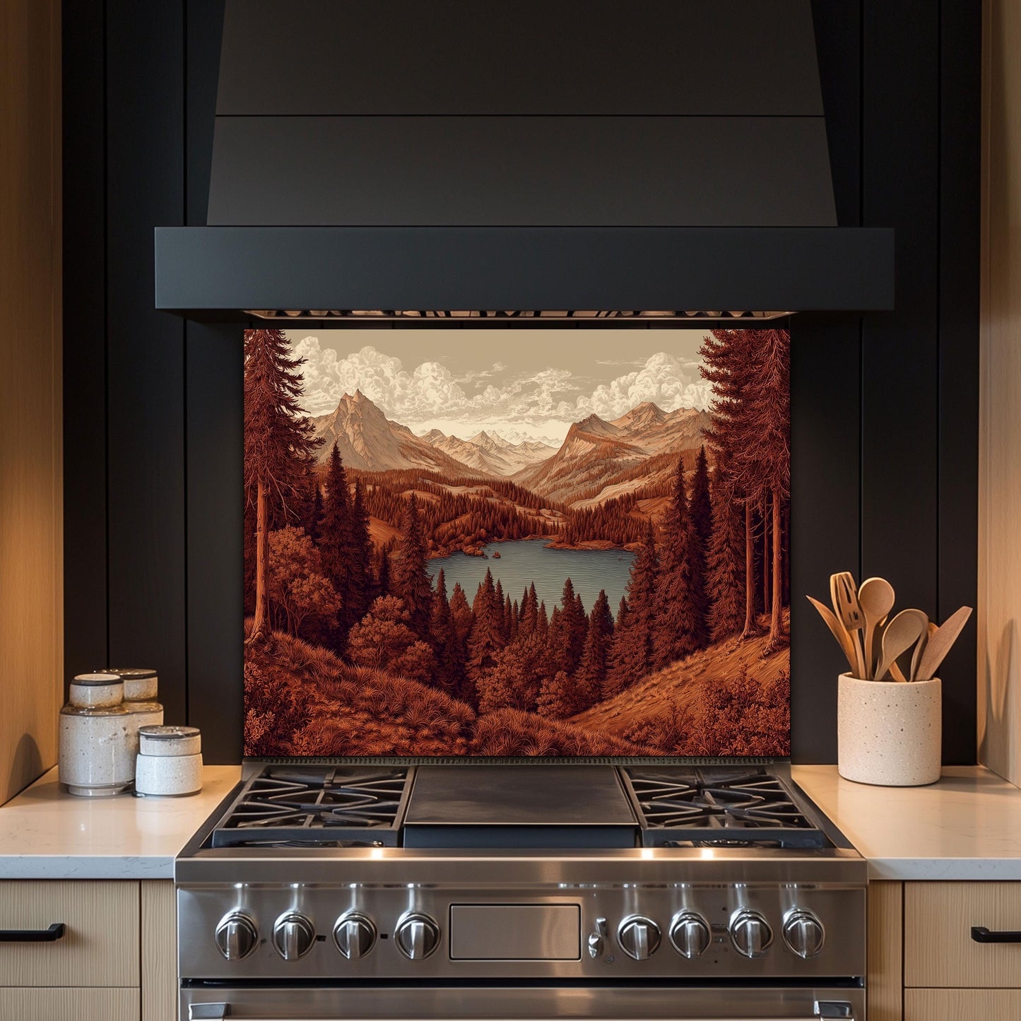 Tempered Glass Mountain Lake Backsplash: Rustic Cabin Kitchen Decor