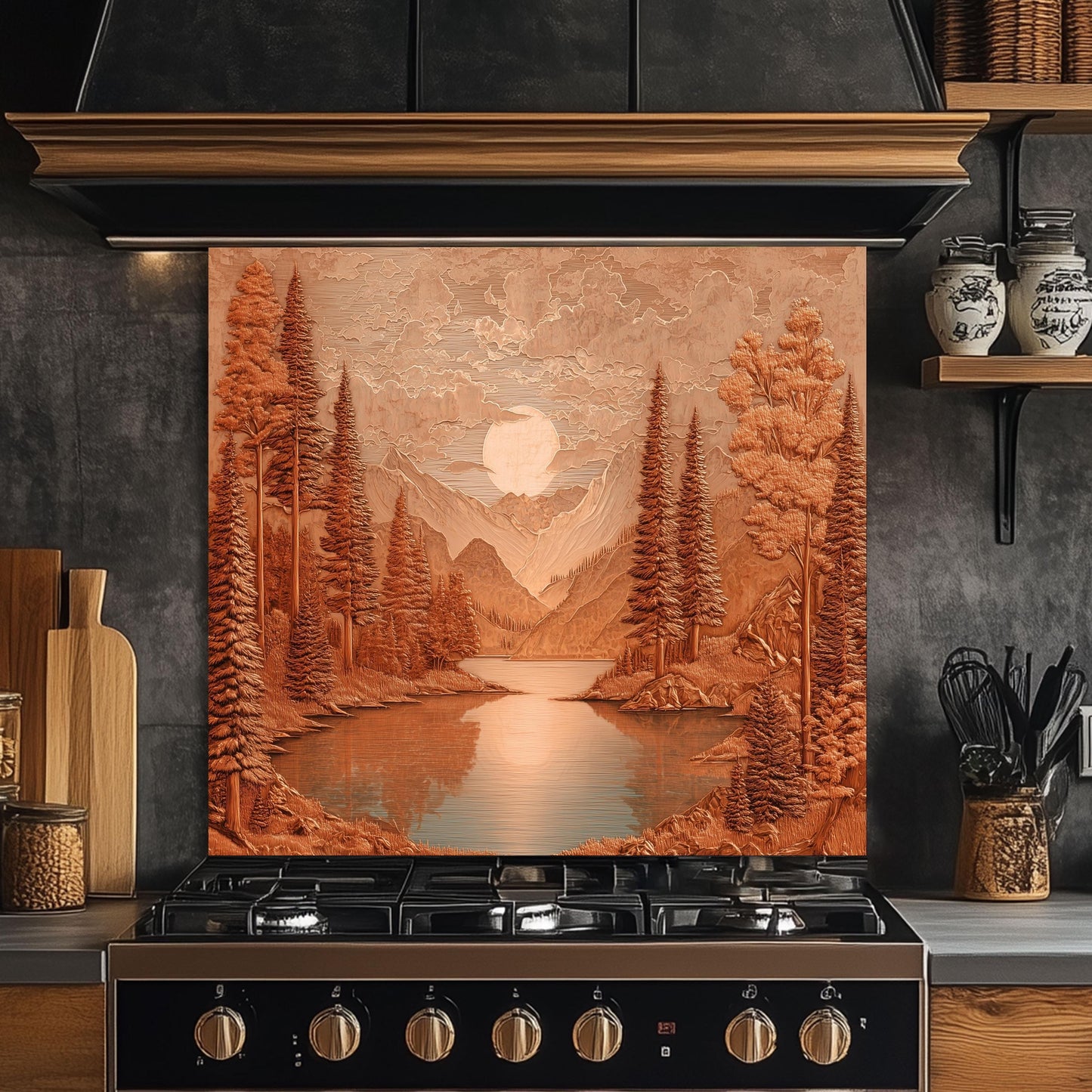 Tempered Glass Mountain & Deer Backsplash: Rustic Kitchen Decor