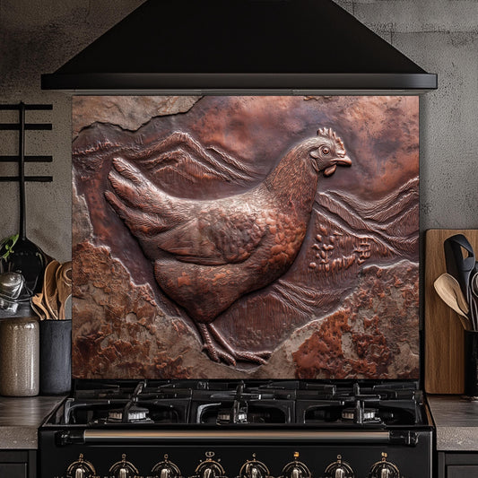 Copper Chicken Backsplash: Rustic Farmhouse Tempered Glass Stove Panel